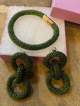 Load image into Gallery viewer, Crocheted Beaded Earrings - Olive Green  (Bracelet to match available)
