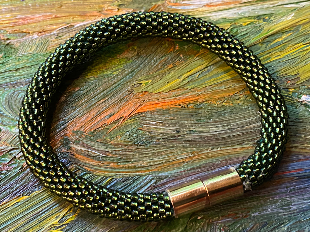 Crocheted Beaded Bracelet - Olive Green