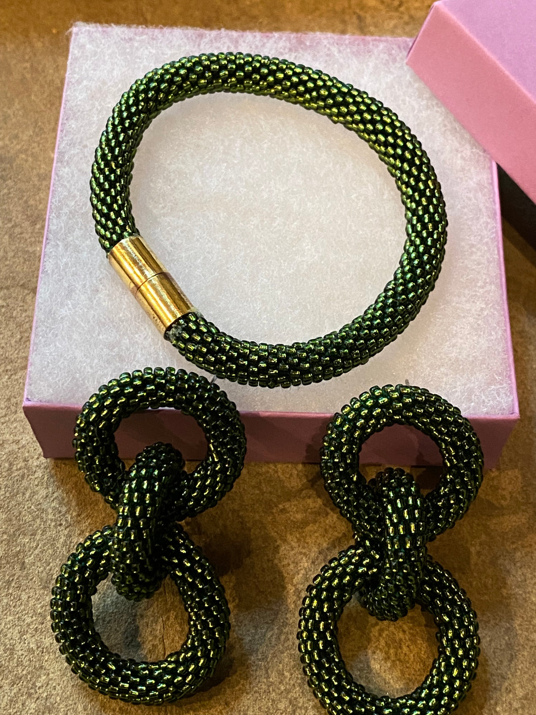 Package price - Crocheted Beaded Earrings and Bracelet - Olive Green