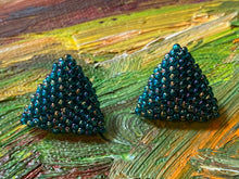 Load image into Gallery viewer, Triangle Beaded Earrings - Teal Multi Colored Round Beads
