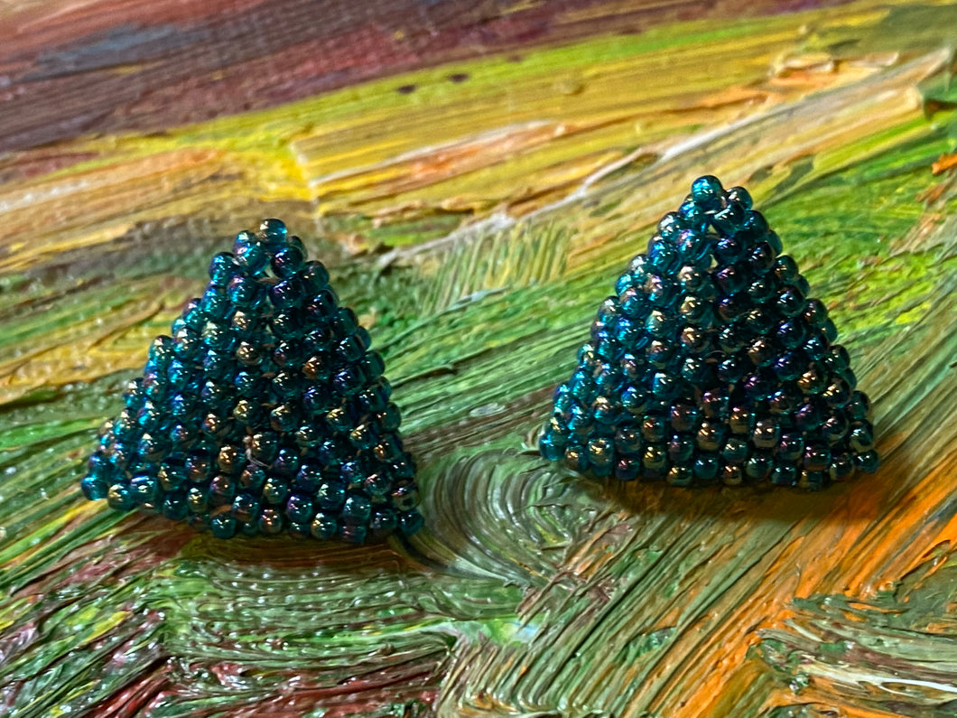 Triangle Beaded Earrings - Teal Multi Colored Round Beads