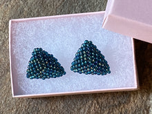 Load image into Gallery viewer, Triangle Beaded Earrings - Teal Multi Colored Round Beads

