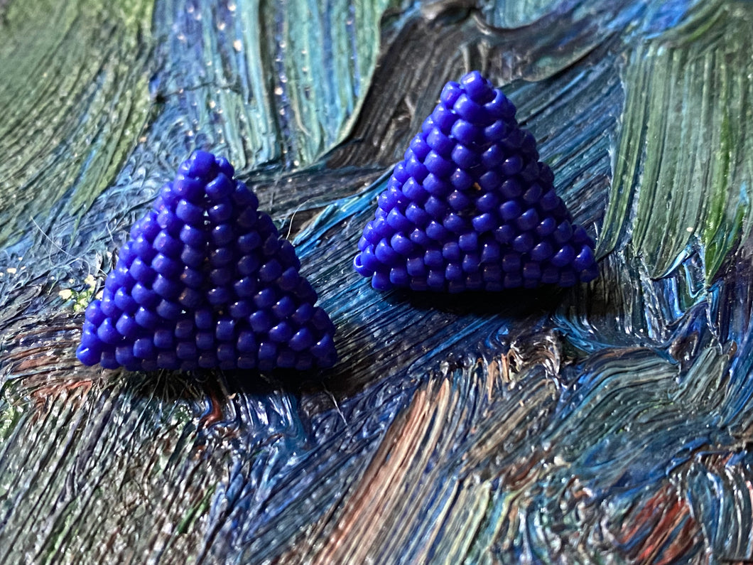 Triangle Beaded Earrings - Solid Blue - 15 size round beads