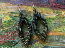 Load image into Gallery viewer, Drop Earrings - Metallic Iris Green/Brown and Olive transparent silver lined beads
