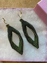 Load image into Gallery viewer, Drop Earrings - Metallic Iris Green/Brown and Olive transparent silver lined beads
