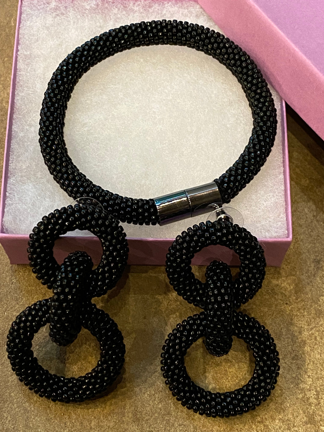 Package price - Crocheted Beaded Earrings and Bracelet - Black Opaque Beads