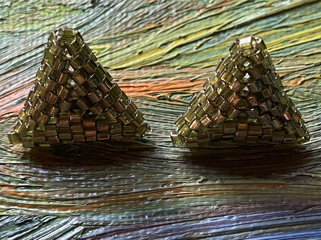 Triangle earrings - Light Olive Gold Hexagon beads