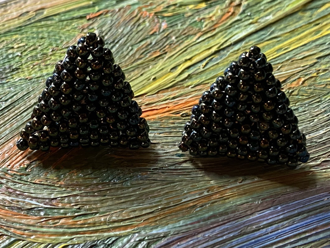 Triangle earrings - Green Brown Metallic Round Beads