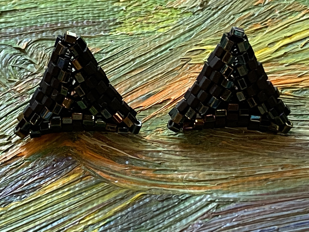 Triangle earrings - Metallic Iris Green Brown Hexagon beads