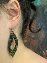 Load image into Gallery viewer, Drop Earrings - Metallic Iris Green/Brown and Olive transparent silver lined beads
