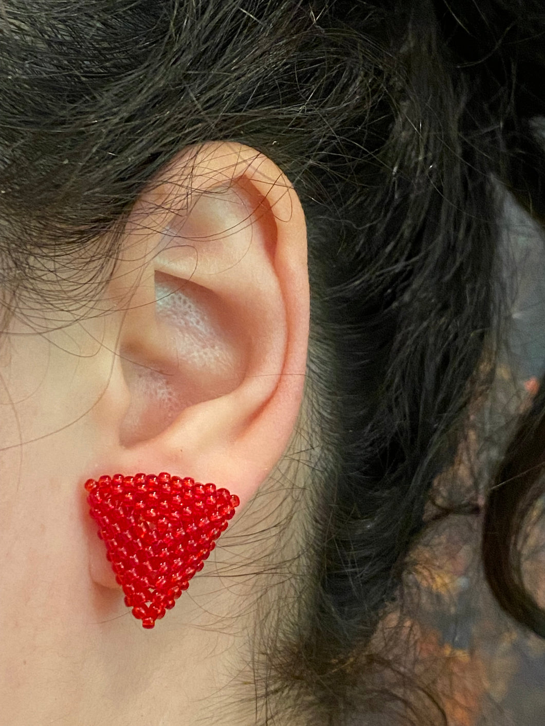 Triangle Beaded Earrings - Red Transparent Round Beads