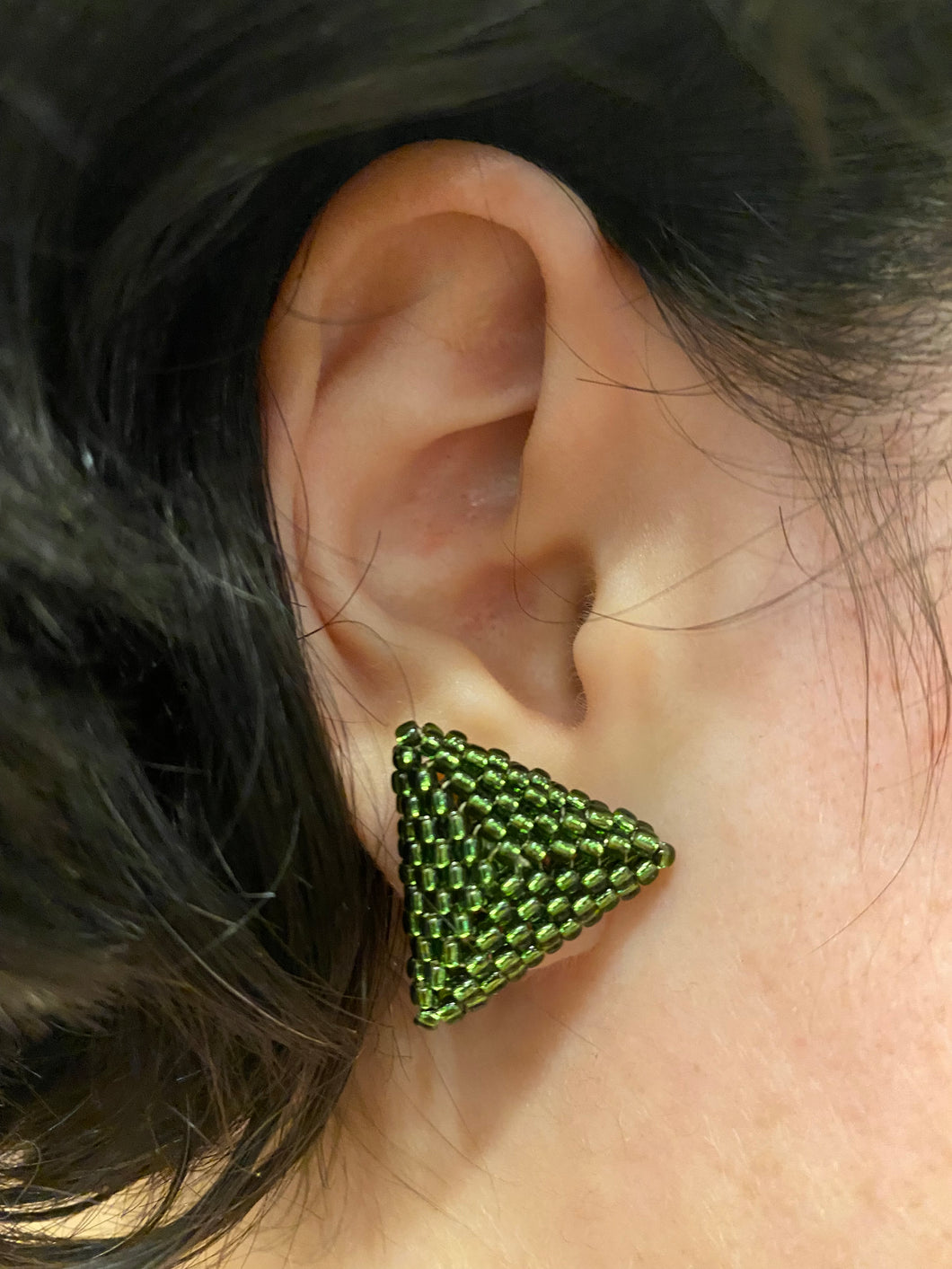 Triangle Beaded Earrings - Olive Green Round Beads Regular price
