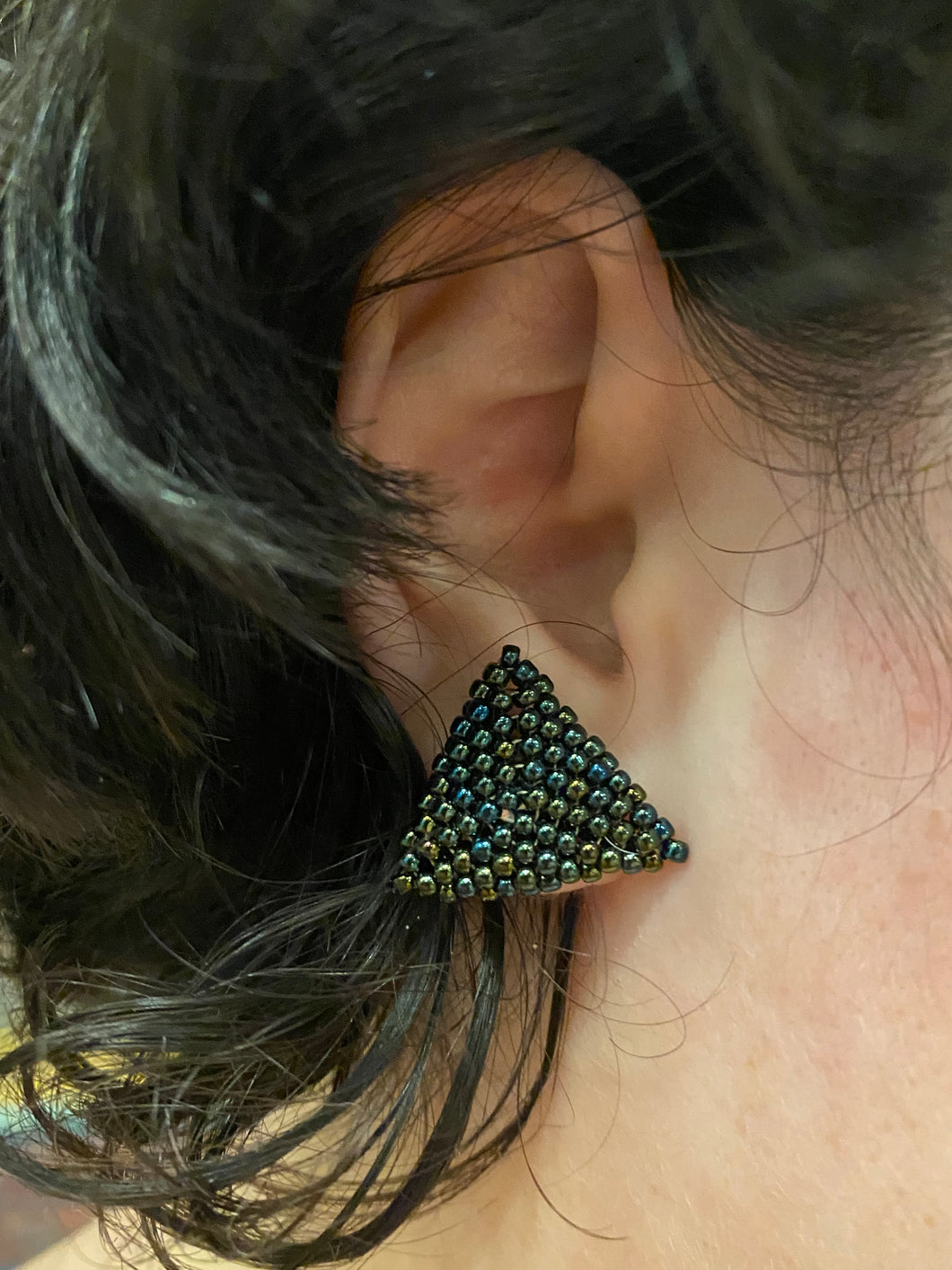 Triangle Beaded Earrings - Metallic Green Brown Solid Round Beads Regular price
