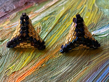 Load image into Gallery viewer, Triangle earrings - Gold and Nebula hexagon beads
