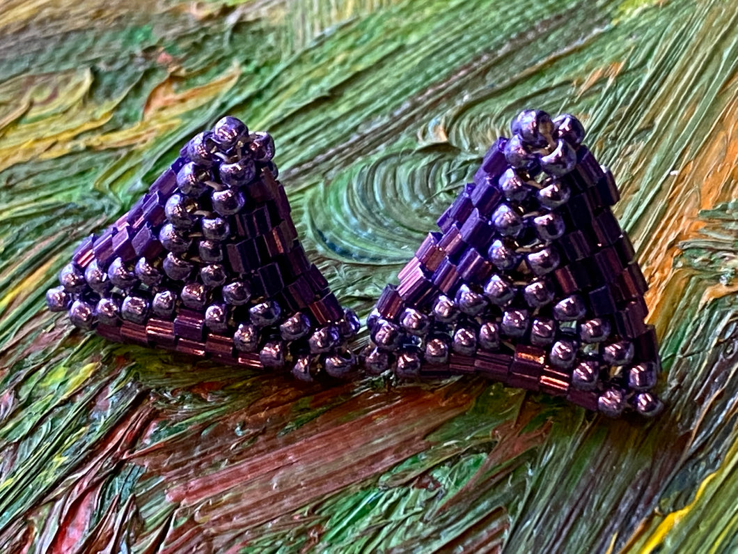 Triangle earrings - Lavender metallic finish round beads and purple hexagon beads