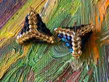 Load image into Gallery viewer, Triangle earrings - Gold and multicolor hexagon beads
