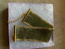 Load image into Gallery viewer, Flat Bracelet - Tea green hexagon beads and Gold permafinish round beads with gold clasp.
